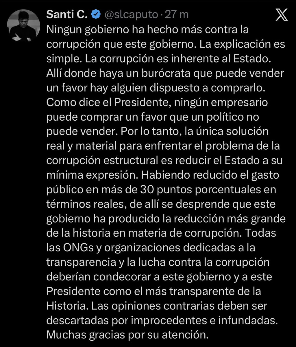 cristiancim's tweet photo. La reducción del estado de la que habla se materializa sin remedios para los jubilados, sin obras de infraestructura, sin aumento a los docentes, sin inversión en ciencia y educación. El estado mínimo del que habla es Adorni contratando 200 amigos para hacer compras con sus tarjetas de crédito. El razonamiento es amebático
