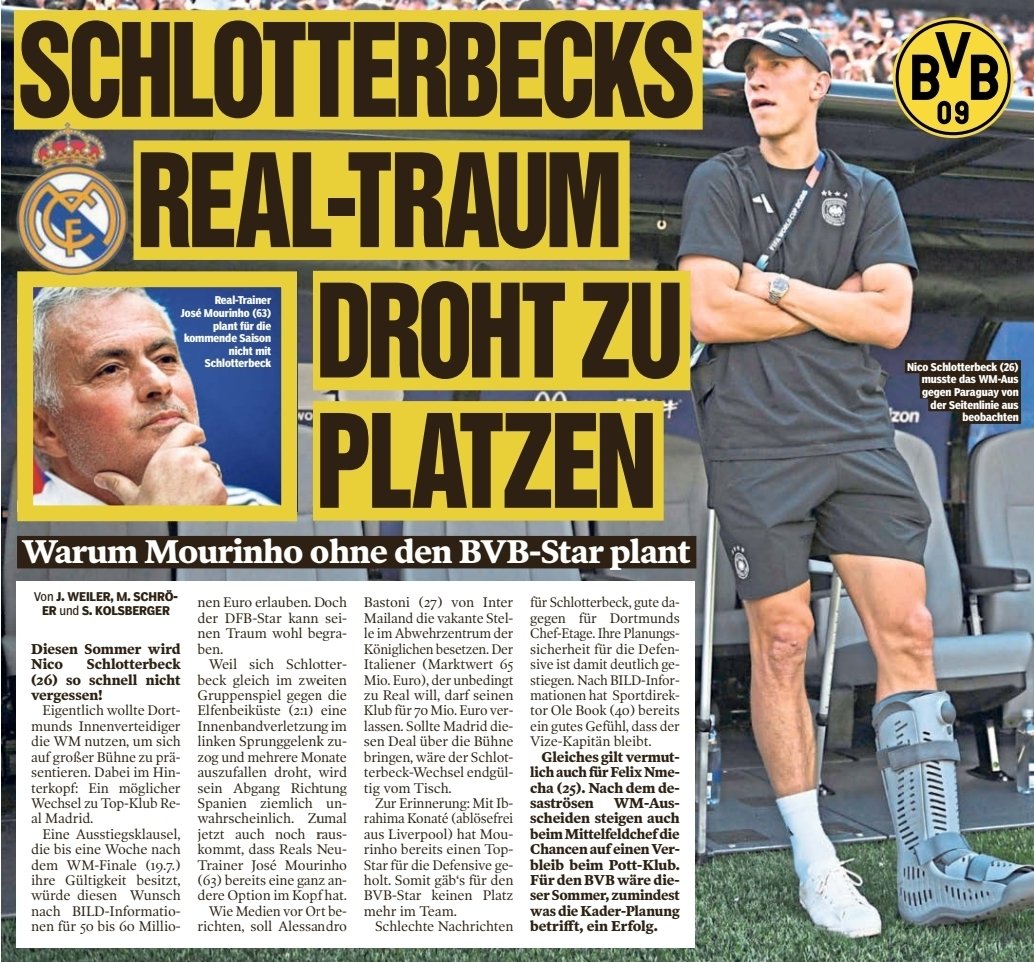 BehVauBehNews's tweet photo. Beitrag aus der Bild (02.07.26) 
#bvb #dortmund  #Bundesliga #borussia #bellingham #asllani  #FIFACWC #sancho #FIFAWorldCup #kovac #schlotterbeck #Kovac #adeyemi  #Guirassy #westfalenstadion  #kicker #ChampionsLeague #reggiani #ricken #nrw #signalidunapark #reus #prates https://t.co/4kOIaFRyc5