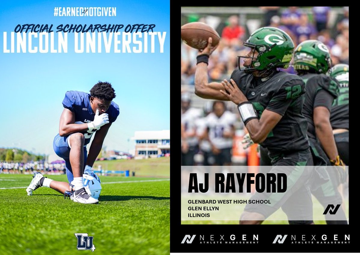 NexGenbyApex's tweet photo. 2027 QB AJ Rayford @AJRay21 Glenbard West HS @HitterFootball Glen Ellyn (IL) has received an offer from Lincoln University @LUMO_FB https://t.co/9AJKzU9JUe