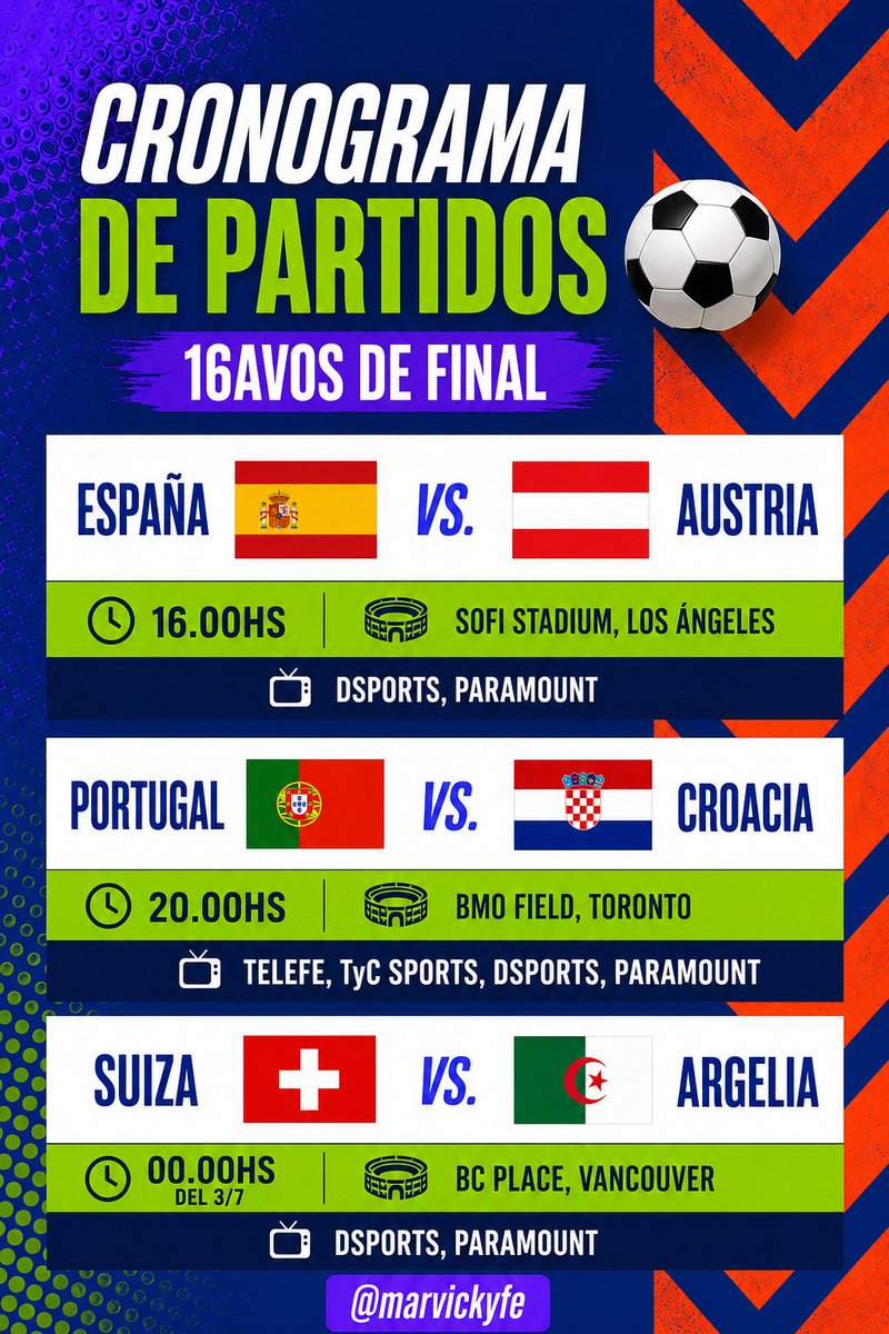 marvickyfe's tweet photo. PARTIDOS DE LA FECHA: 16AVOS DE FINAL  [ 2/7 ] 📆 👇🏼

A TENER EN CUENTA❗SUIZA - ARGELIA se juega a las 00.00hs del 3 de julio https://t.co/DwIp8jxSSQ