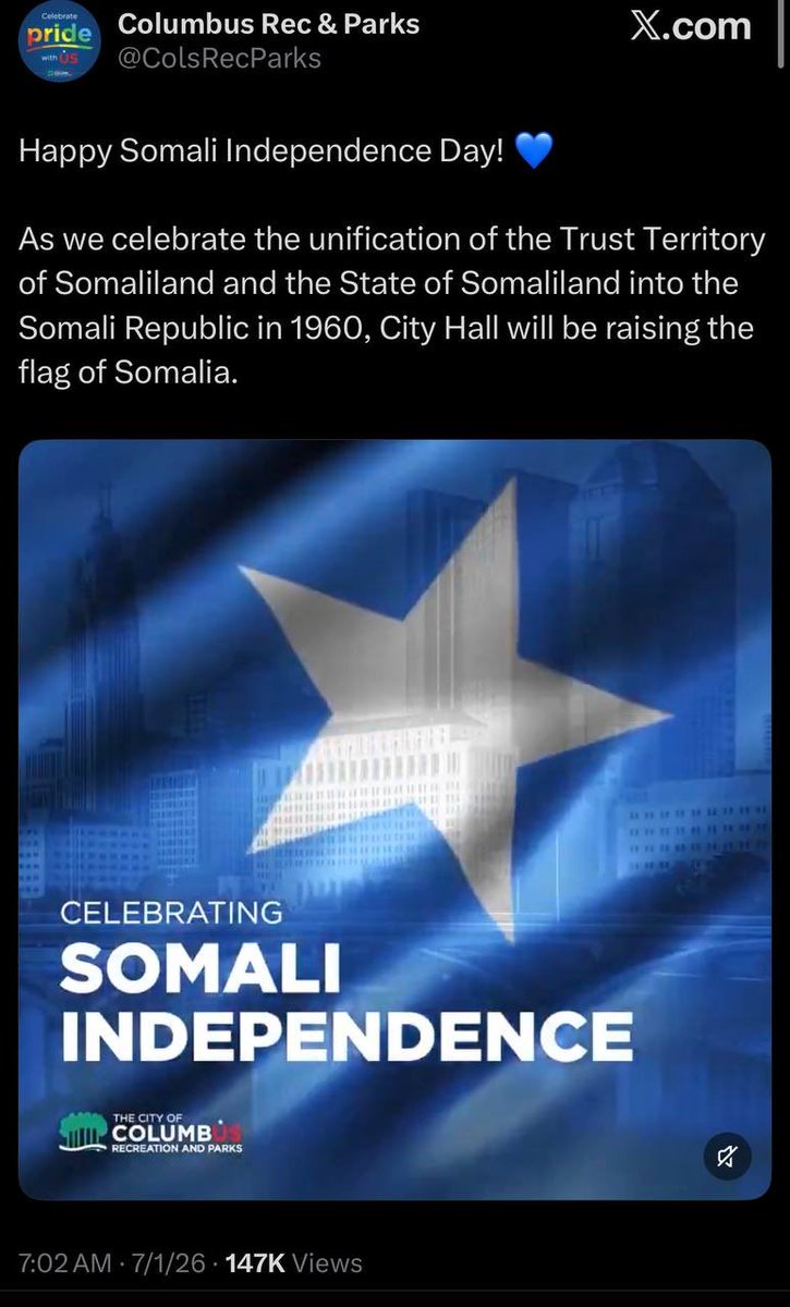 nomandatesco's tweet photo. Ummm… WTH⁉️⁉️

📍Columbus, Ohio is raising the Somali Flag in honor of Somali Independence Day on the week of America’s 250 Birthday… 

THIS IS UNACCEPTABLE &amp; it’s time to deport them all‼️ 

This is literally a slap in the face to ALL Americans‼️‼️‼️ https://t.co/j2V3Jin6Ch