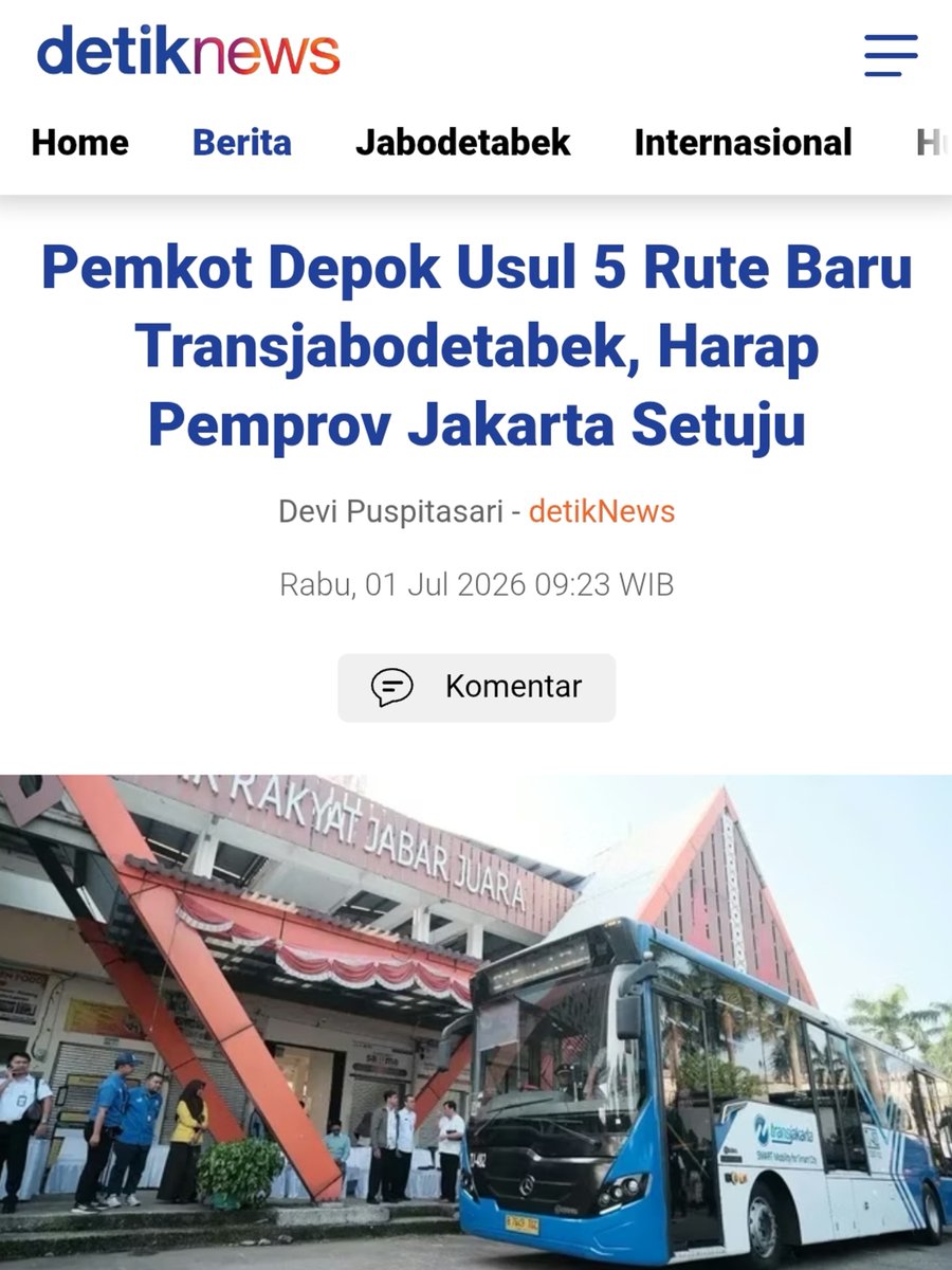 txttransportasi's tweet photo. Pemkot Depok mengusulkan 5 rute baru untuk bus TransJakarta lintas TransJabodetabek. Saat ini Dishub Kota Depok menunggu persetujuan Pemprov DKI Jakarta.

Sekretaris Dishub Kota Depok, Aan Syurahman, mengatakan usulan rute baru telah diajukan sejak April 2026. Dia mengaku telah berkoordinasi dengan Dishub DKI Jakarta & TransJakarta untuk rencana operasional.

Dishub Kota Depok akan menyiapkan halte & keperluan pendukung lainnya. Aan berharap proses pembahasan usulan rute baru ini dapat segera rampung.

5 rute baru yang diusulkan diantaranya :
1. Shila at Sawangan - Lebak Bulus
2. Terminal Sawangan - Kuningan
3. Terminal Depok - Cinere - Blok M
4. Terminal Jatijajar - Terminal Kampung Rambutan
5. Penyesuaian rute UI - Manggarai yang sebelumnya melayani rute Terminal Jatijajar - Manggarai

(detikcom)