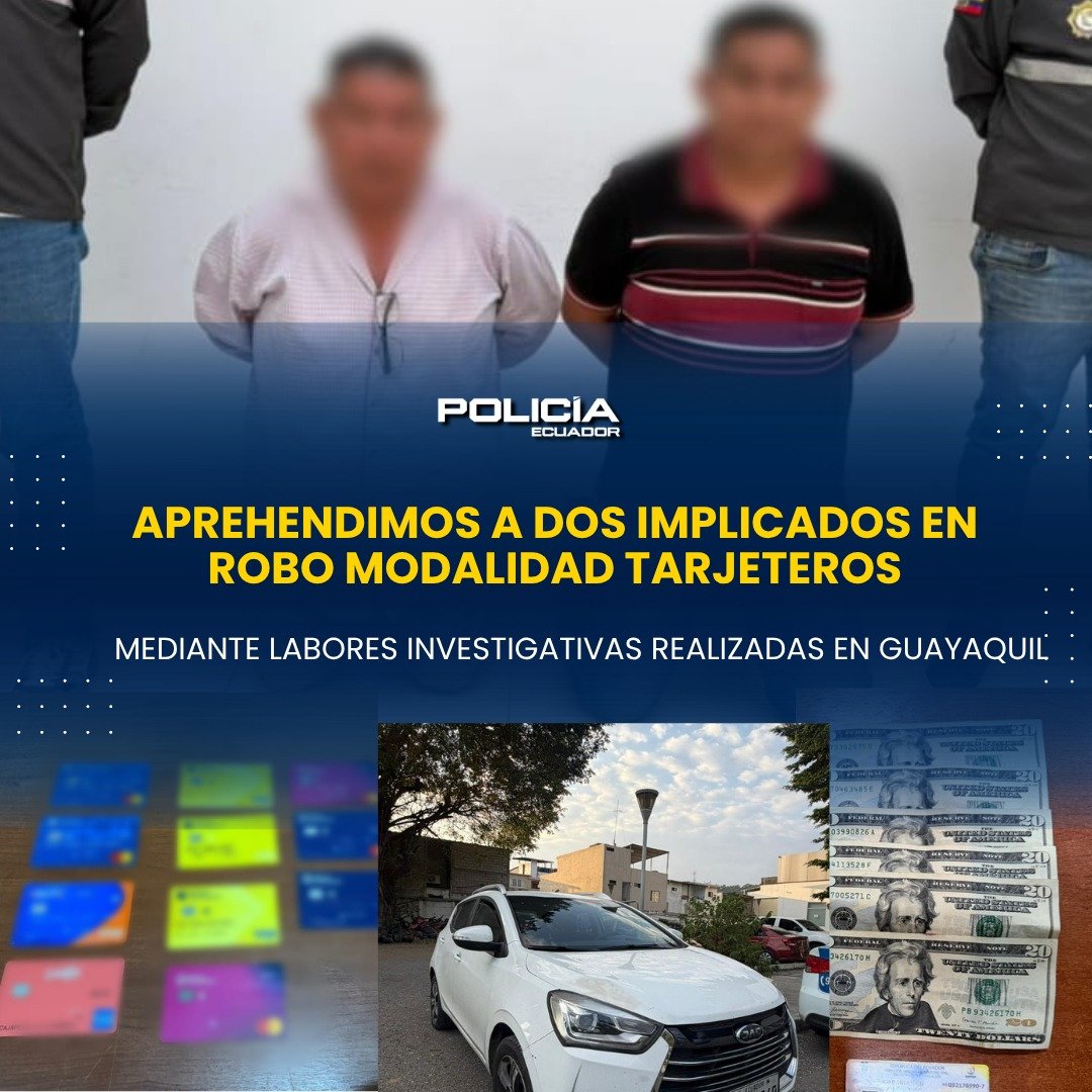 PoliciaEcuador's tweet photo. APREHENDIMOS A DOS PRESUNTOS IMPLICADOS EN ROBO A PERSONAS BAJO LA MODALIDAD DE "TARJETEROS"

La oportuna reacción de la #PolicíaEcuador, tras recibir la alerta de un hecho delictivo, permitió la aprehensión de dos presuntos responsables del delito de robo a personas bajo la modalidad de "tarjeteros", durante un patrullaje preventivo en el sector Siete Lagos, #GYE 

Durante el procedimiento, los servidores policiales encontraron en poder de los aprehendidos varios indicios presuntamente vinculados a este delito, que era cometido en las inmediaciones de entidades bancarias.

Además, los implicados registran antecedentes por presuntos delitos de tenencia de armas no autorizadas, estafa, hurto y robo.

@PoliciaEcZona8
#PolicíaEcuador
#ServirYProtegerConFirmeza