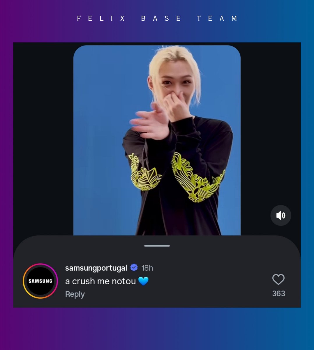 felixpopbase's tweet photo. Samsung Portugal's official account has liked and commented on #FELIX and Jeongin's recent Instagram reel. 

"My crush noticed me 💙" https://t.co/NzcggBmY6f