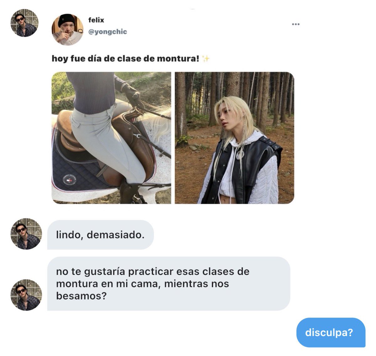 innieluvsz's tweet photo. “Montura” / #Chanlix few tweets.

Dónde Chan le responde un post a Felix, su crush y este lo ve como rarito…pero para su suerte, no será así todo el tiempo. https://t.co/H9O1CwnmwS