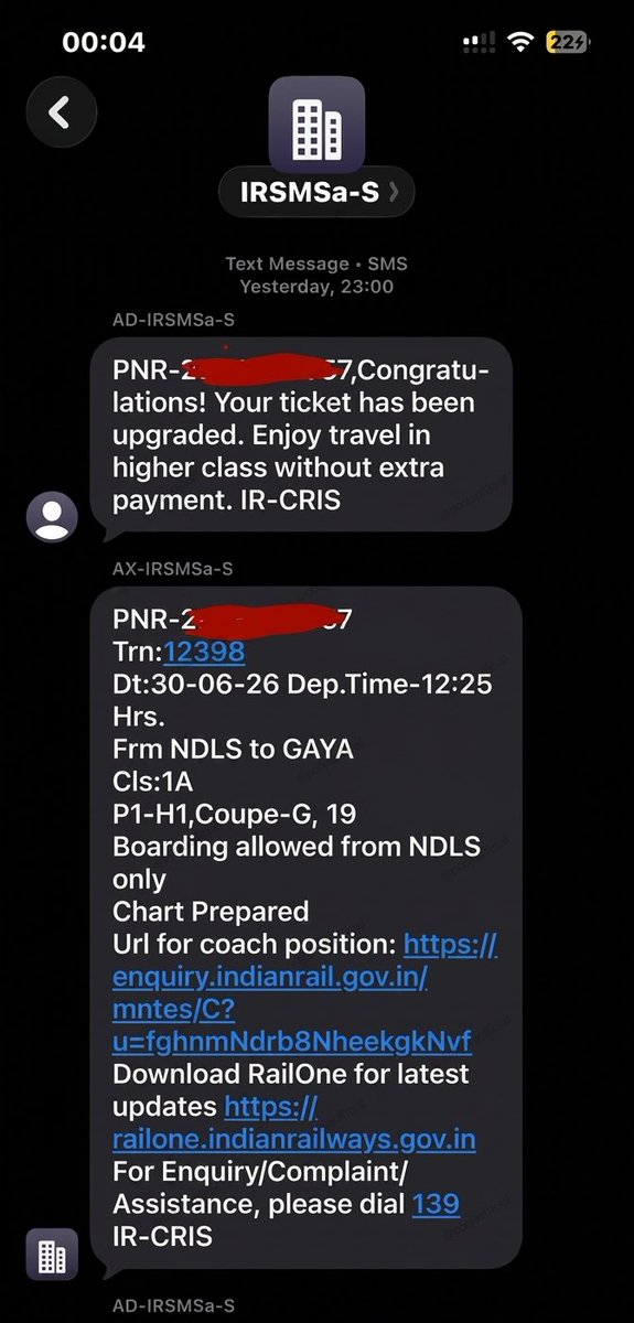 poojaofficial5's tweet photo. A girl booked a 3AC Tatkal ticket, hoping she would at least have a comfortable journey. 

But just before the train departed, she received a message that left her completely shocked.

"Congratulations, Your ticket has been upgraded."

Her 3AC Tatkal ticket was automatically upgraded to 1AC without paying a single extra rupee.

Getting a confirmed 3AC Tatkal ticket itself is considered lucky, 

but receiving a FREE upgrade from 3AC to 1AC is something only a few travelers ever experience.

Enjoying the comfort, privacy, 
and premium experience of 1AC 

without spending anything extra is truly an unbelievable surprise

Have you ever received a FREE Auto Upgrade from 3AC to 1AC, 

or is this the first time you have seen something like this ? 

Share your experience in the comments