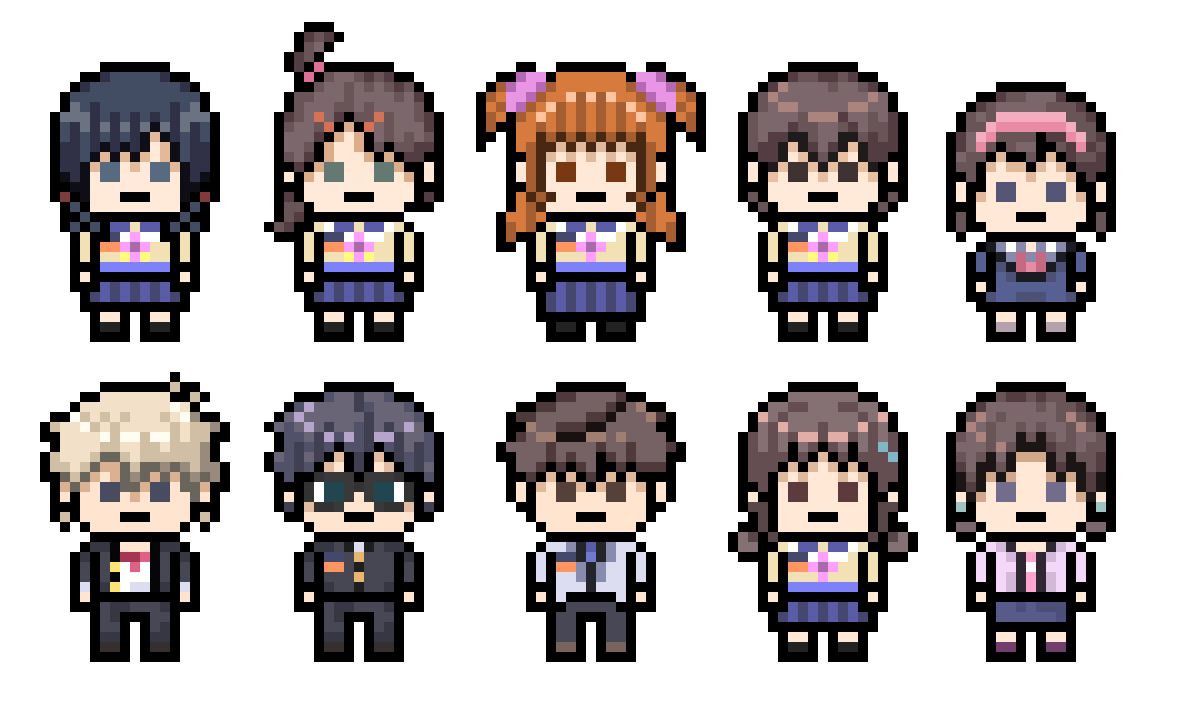 Brunnelio's tweet photo. The Kisaragi Gang with Danganronpa styled Pixel sprites!
These are honestly too fun to make, so I just decided to make the rest of the 2-9 Kisaragi gang+ Yuka &amp; Yui.
#CorpseParty #CoPatwt https://t.co/kwaEBBmx1k