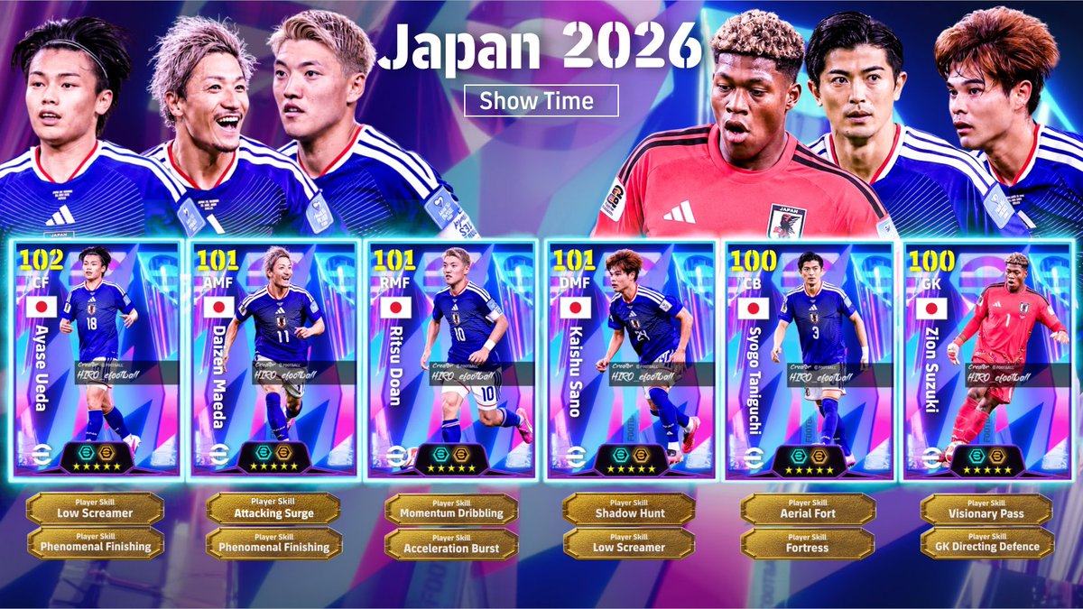 HIRO_efootball's tweet photo. New ShowTime pack【Japan 2026】
Add the players who helped fuel the Japanese national team’s impressive run to your squad!
#HIROのコンセプトアート
#efootball #eFootball #イーフト #eFootball2026 #イーフト加工 https://t.co/3xoPH6D2NA