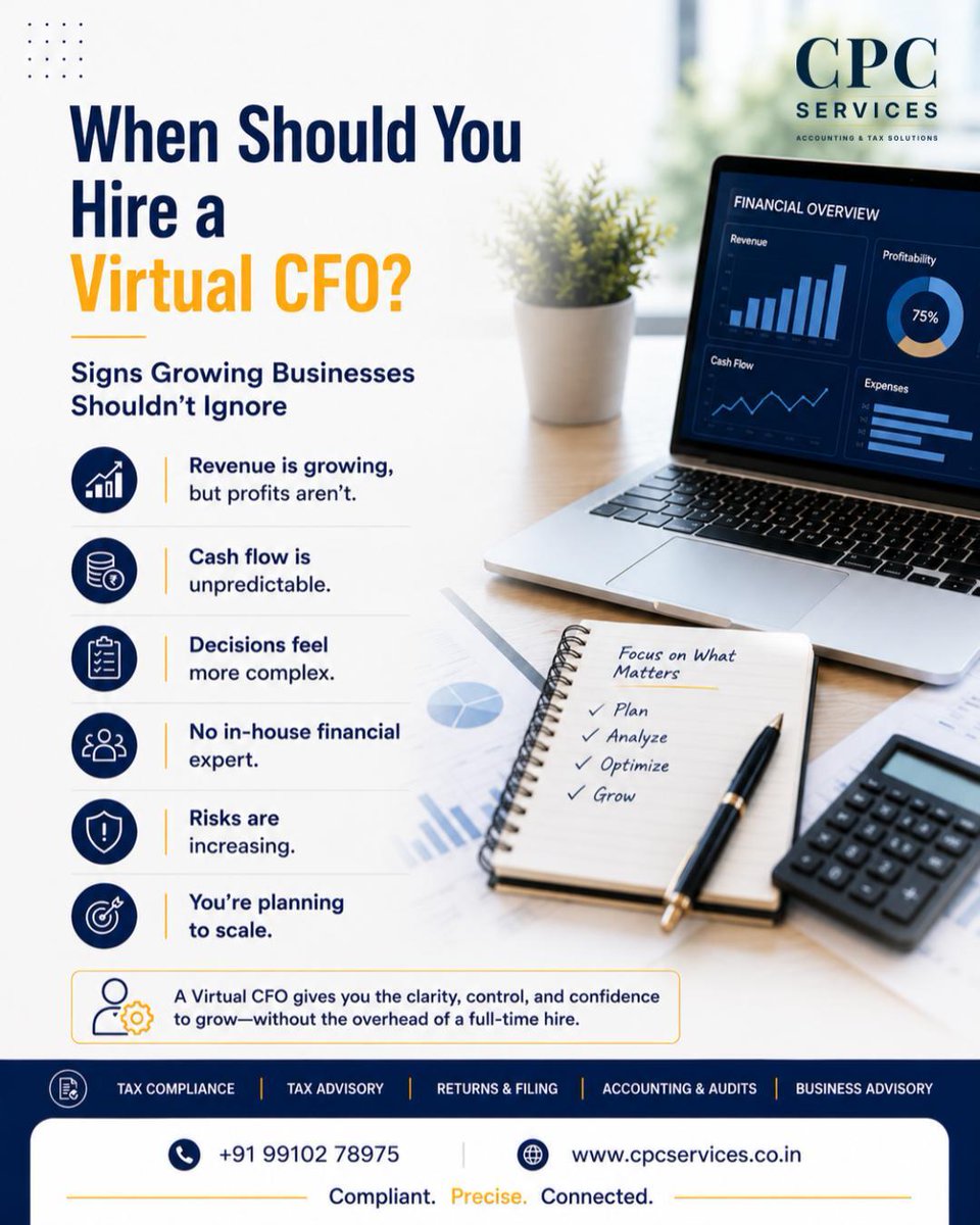 CPCServices1987's tweet photo. Business growth changes financial decisions—not just financial numbers.
Our latest blog explores the signs that may indicate it's time for Virtual CFO & how strategic financial guidance supports long-term growth. Read More https://t.co/QMj1GVn2J6
#VirtualCFO #BusinessAdvisory https://t.co/InqByxVHHW