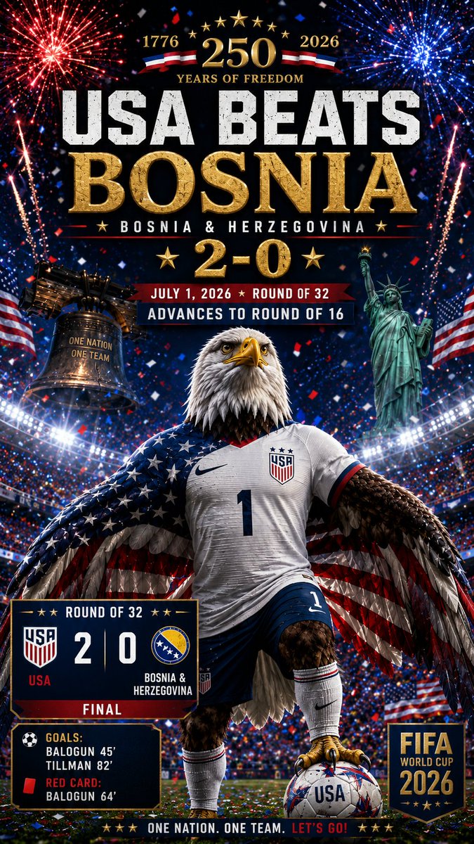 Boyraw2293's tweet photo. USA 2โ0 Bosnia & Herzegovina. ๐บ๐ธ๐ฆ
10 men. Knockout pressure. Balogun at 45โ. Tillman with the dagger at 82โ.
Stars, stripes, survive and advance.
Round of 16, here we come. โฝ๐ฅ
#USMNT #WorldCup2026 #USA #OneNationOneTeam https://t.co/8vTkT3ueTq