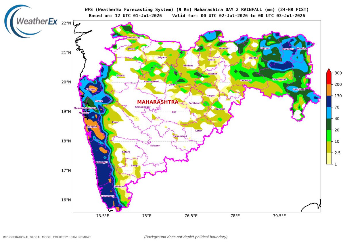 Akshay_Sunil_'s tweet photo. Maharashtra Rainfall Forecast | 2 July 2026

The 9 km WeatherEx Forecasting System indicates very heavy to extremely heavy rainfall along the Konkan coast and adjoining Western Ghats during the 24-hour period from 00 UTC 2 July to 00 UTC 3 July.

The highest rainfall is likely across Mumbai, Mumbai Suburban, Thane, Palghar, Raigad, Ratnagiri and Sindhudurg, with isolated intense spells capable of causing waterlogging, reduced visibility and local disruption.

Moderate to heavy rainfall is also expected over parts of Nashik, Pune, Satara and Kolhapur, particularly near the ghat sections.

Across Vidarbha, widespread moderate to heavy rainfall is indicated over Nagpur, Bhandara, Gondia, Chandrapur and Gadchiroli, with locally stronger pockets. Interior Marathwada and parts of central Maharashtra are likely to receive mostly light to moderate rainfall.

⚠️ Konkan, Mumbai Metropolitan Region and the ghat areas should remain on high alert for intense rainfall spells.

Forecast: WeatherEx Forecasting System — 9 km resolution