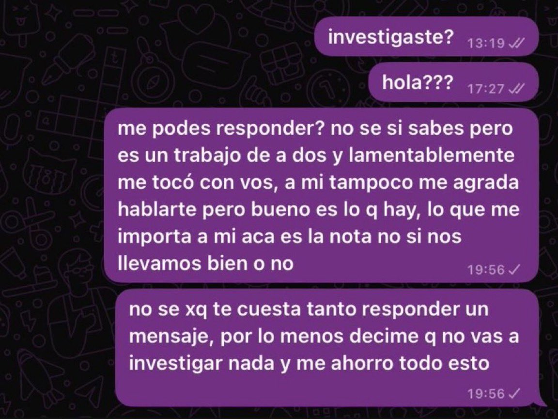 porqueTTarg's tweet photo. "Facultad"

Porque a una chica le tocó hacer un trabajo en dupla y pasó esto. https://t.co/ih06muI6NO
