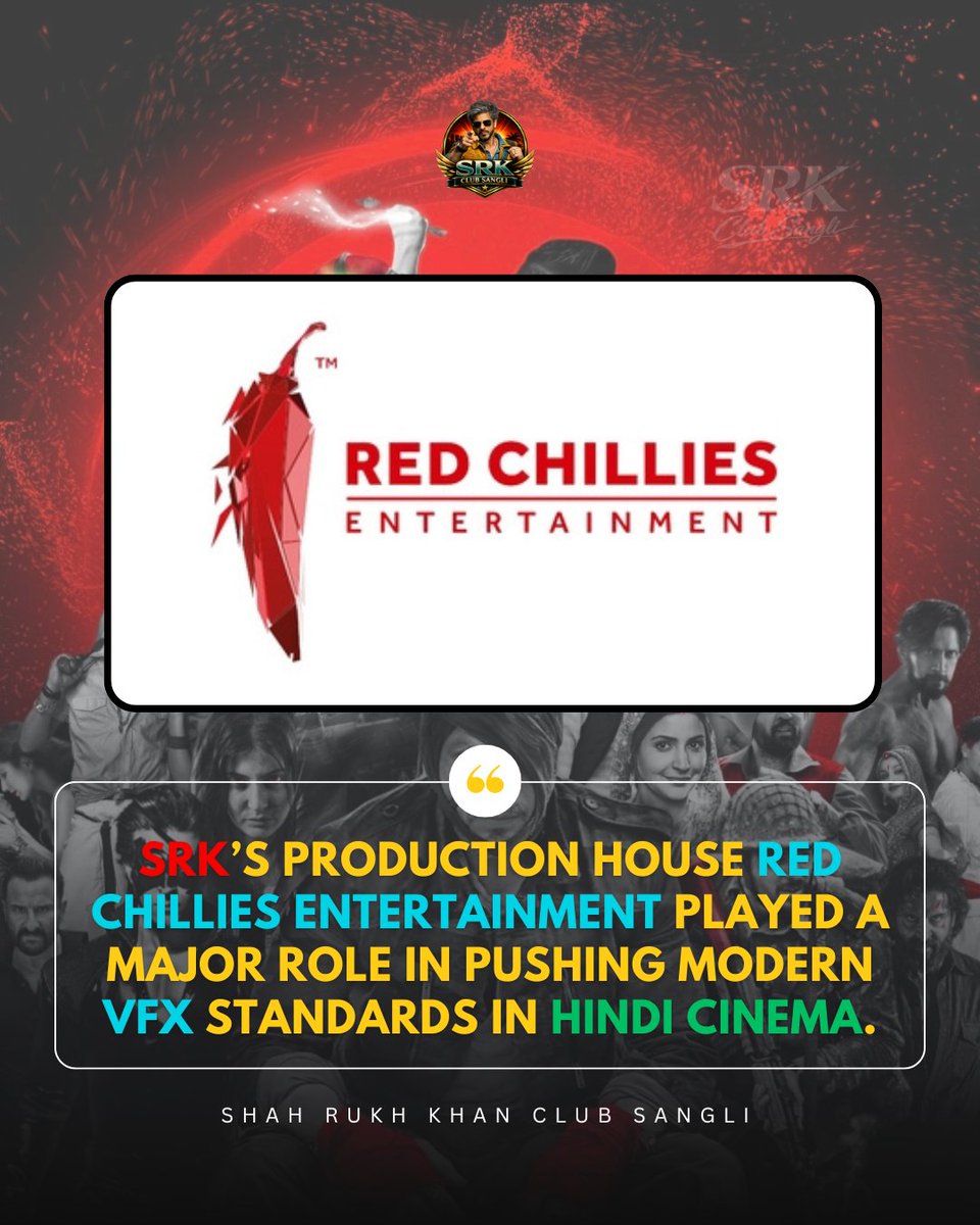 SRKClubSangliFC's tweet photo. 🌟 SRK Fact 

SRK’s production house RED CHILLIES Entertainment played a major role in pushing modern VFX standards in Hindi cinema. ✨

“Which SRK film amazed you visually?”

Comment Below ✍️

#HindiCinema #SRK #Innovation #ShahRukhKhan #SRKClubSangli #RedChillesEntertainment @iamsrk @RedChilliesEnt