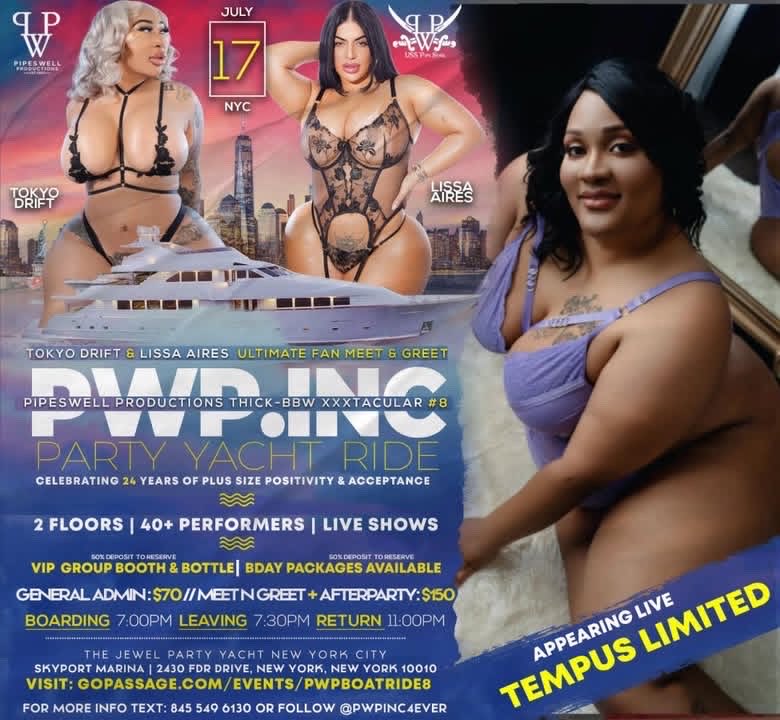 MistressTempus's tweet photo. Join me July 17th NYC 7pm-11pm 
8th Annual Thick-BBW Boat Ride Ultimate Fan meet-and-greet 
Hosted by #TokyoDrift and #lissaaires 

@pwpinc4ever  for Tix

Click for Ticket's 
https://t.co/dtiY7z6gUn https://t.co/rWXXtwKgrU