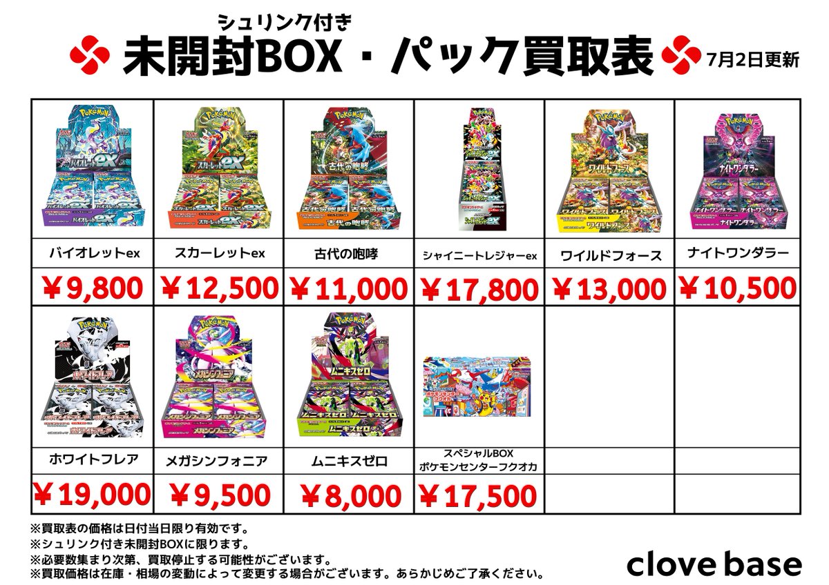 ⭐️シュリンク付き未開封BOX買取表 ⭐️ 《買取表に載っている