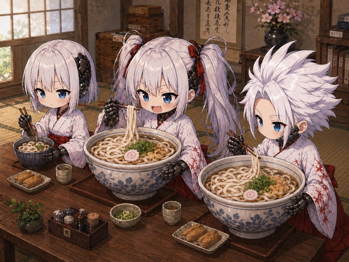 pulsecom's tweet photo. 今日はうどんの日です。

赤巫女さん達も、うどんを食べてます😊
ベータとデルタのうどんは大っきいですね〜😳

#赤巫女さんの日常 #AIイラスト https://t.co/sKnJHmPbrp