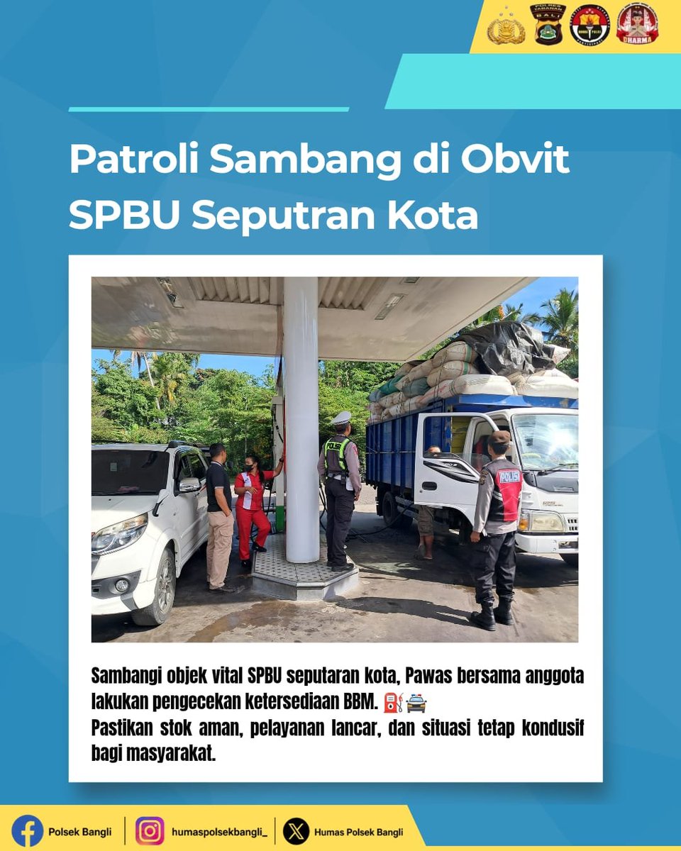 HumasPolsekBgl's tweet photo. Sambangi obvit SPBU seputaran kota, Pawas bersama anggota melaksanakan pengecekan ketersediaan BBM guna memastikan stok tetap aman dan mencukupi kebutuhan masyarakat, Kamis (2/7/2026).

#Polripresisi
#Polriuntukmasyarakat #Poldbali #Polresbangli #Polsekbangli https://t.co/cn1z4kPNNT