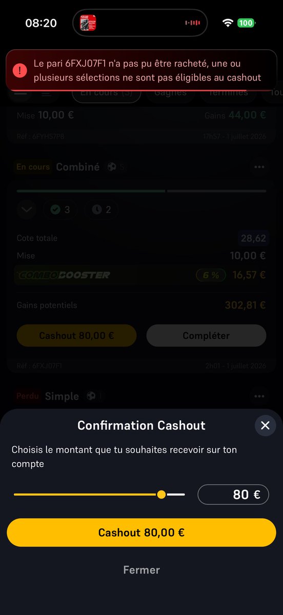 benjaminrgn's tweet photo. Bonjour @WinamaxSport impossible de retirer le cashout que vous me proposez alors que les deux sélections sont éligibles et que je viens de faire le test sur un autre combiné https://t.co/PNizIcI0Q8