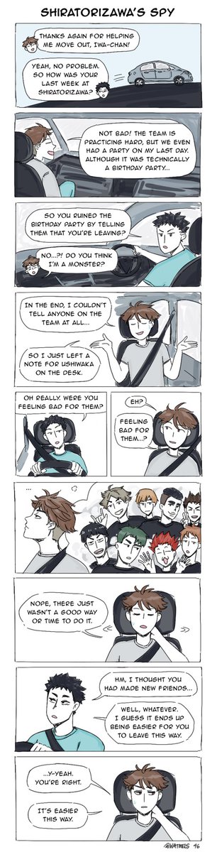 watmels's tweet photo. Shiratorizawa’s Spy (p.46)

Iwaizumi helps Oikawa move back. https://t.co/9avyfFnMVM