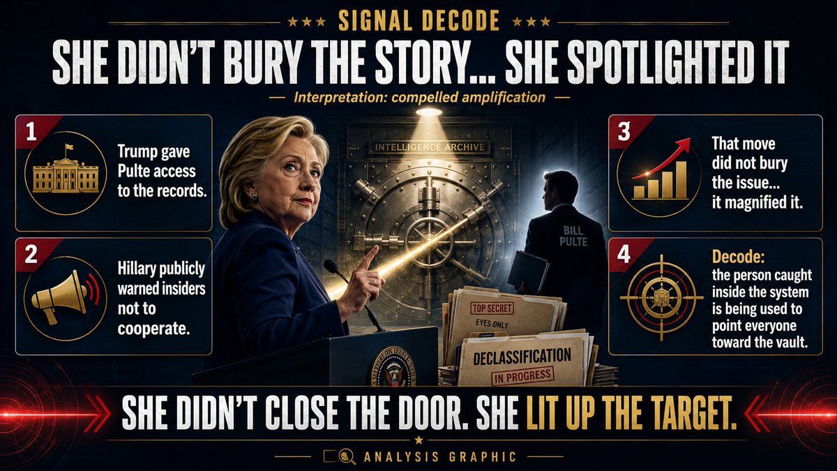 holonabove's tweet photo. Umm... Hillary just fired the flare over the target... now why would she do that, one might ask...

Trump authorized Pulte to declassify the 2020 election records... then Hillary publicly announced that Pulte has access to “everything” and called for intelligence personnel to slow walk or refuse givung him information... 

That is far too blatant to bury the story... it guarantees the country watches the vault...

She is not trying to stop the exposure... she is being used to advertise it...

The woman caught inside the operation becomes the voice directing everyone toward the evidence that exposes it...

She did not close the vault... she told the world exactly where to look...