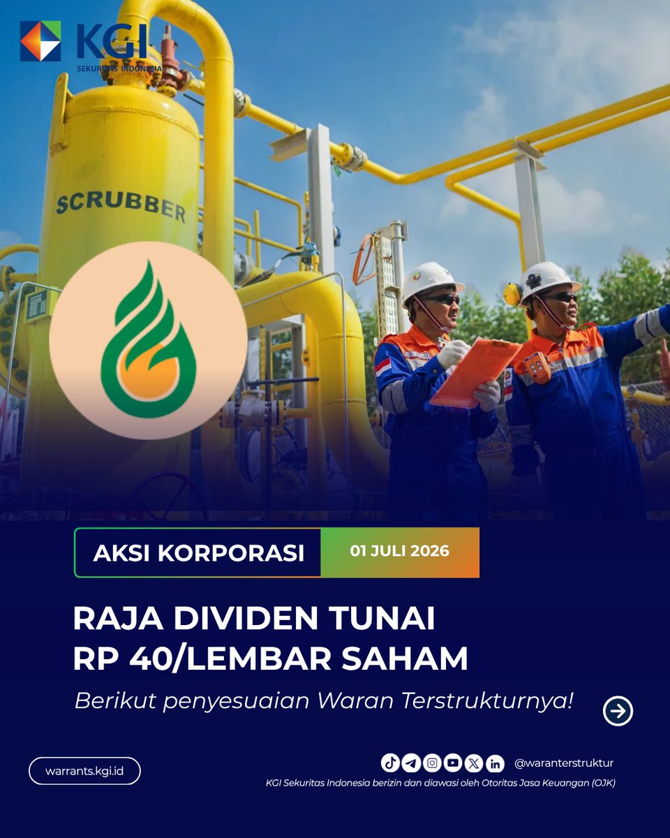 waranKGI's tweet photo. 📢INFO PENTING UNTUK TRADER WARAN TERSTRUKTUR!

RAJA  umumkan Dividen Tunai Rp  40/lembar saham📊.

Penyesuaian harga dan rasio pelaksanaan waran terstruktur RAJAHDCG6A, RAJAHDCH7A, RAJAHDCN6A

Effective Date :  Kamis, 02 Juli 2026

#fypage 
#fypシ 
#trending 
#cuan 
#RAJA https://t.co/KSMsz2xG38
