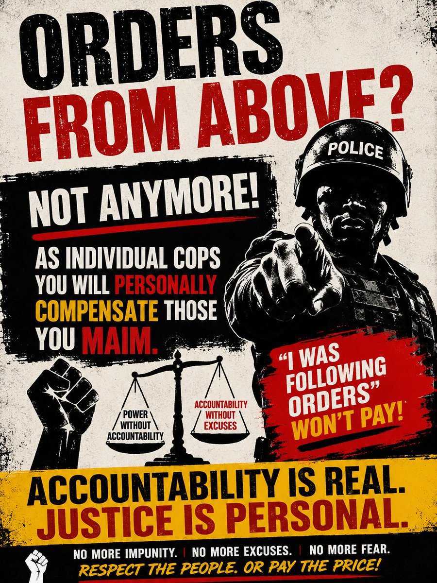 kingethuk's tweet photo. "ORDERS FROM ABOVE?"

Not anymore.

If an officer is held personally liable for unlawful harm, "I was following orders" won't pay the compensation.

Accountability is getting real. https://t.co/luGG4dP4e1
