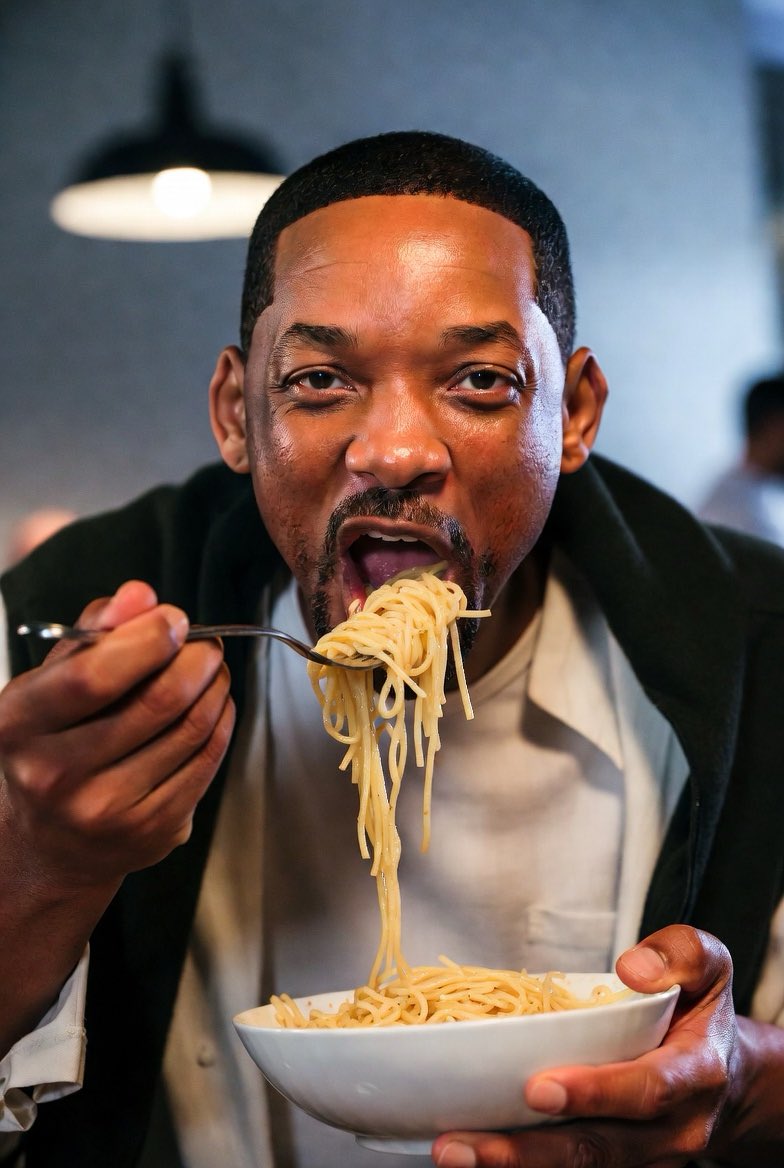 JakeVibes07's tweet photo. When I said to Grok “Will Smith eating spaghetti”, it jumped quickly into recreating the meme https://t.co/zbFo8e1fG5