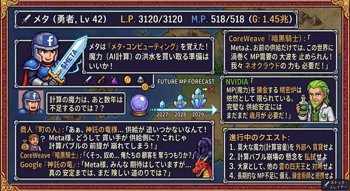RNAxRNAx's tweet photo. 📈昨夜の米国株・半導体市場、大荒れでしたね…！　特にMetaの「Meta Compute」報道を発端とした、AI計算資源を巡るパワーバランスの激変が凄まじい展開。

クエスト新報にまとめてみました☝️

【クエスト新報】
勇者メタ、魔力革命！しかし世界は未曾有の『MP飢饉』へ…？⚔️🔥

昨晩、メモリワールドの経済史に刻まれる大事件が発生。
広告という強力な武器で知られる「勇者メタ」が、ついに禁断の奥義『メタ・コンピューティング』を習得。なんと、自らの膨大な「魔力（AI計算資源）」を外部へ貸し出すという。

街の商人は「Meta様が買い手から供給側に回るなんて！ 計算バブルの前提が崩れる！」と驚愕し、ゴールドは一気に【1.62兆】へと跳ね上がった。
しかし、魔力の安定を期待する声に対し、最強の「錬金術師NVIDIA」は静かに首を振る。
「MPを錬金する精密炉は、依然として限られている。完璧な供給安定には、まだまだ歳月が必要だ…。」
未来予知の水晶球には、2029年までMPの結晶が育ち続けるものの、その先にあるのは【CRITICAL SHORTAGE（深刻な不足）】の断崖。

CoreWeaveの「ネオクラウド暗黒騎士」は「昨夜は我々のMPを買い占めたな！ だが、この先のMP飢饉を耐え抜けるかは別だ！」と睨みつけ、Googleの「神託のドラゴン」も「真の安定までは、まだ険しい道のりが待ち受ける！」と案じる。

Meta勇者は、自らのMP不足を否定しつつ「供給元と錬金術師を囲い込まねば、世界は崩壊する！」と決意を固める。
「大家」としての地位を確立するか、それとも迫りくる長期的な「MP飢饉」に飲み込まれるか。
Metaの進行中クエストは、ここからが本番だ！

進行中のクエスト：
1. 莫大な魔力（計算容量）を外部へ賃貸せよ
2. 計算バブル崩壊の懸念を払拭せよ
3. 長期的なMP不足に備え、錬金術師と提携せよ
4. 世界規模のMP飢饉に対抗する陣営を構築せよ
#勇者メタ #NVIDIA #半導体 #AI #メモリ経済