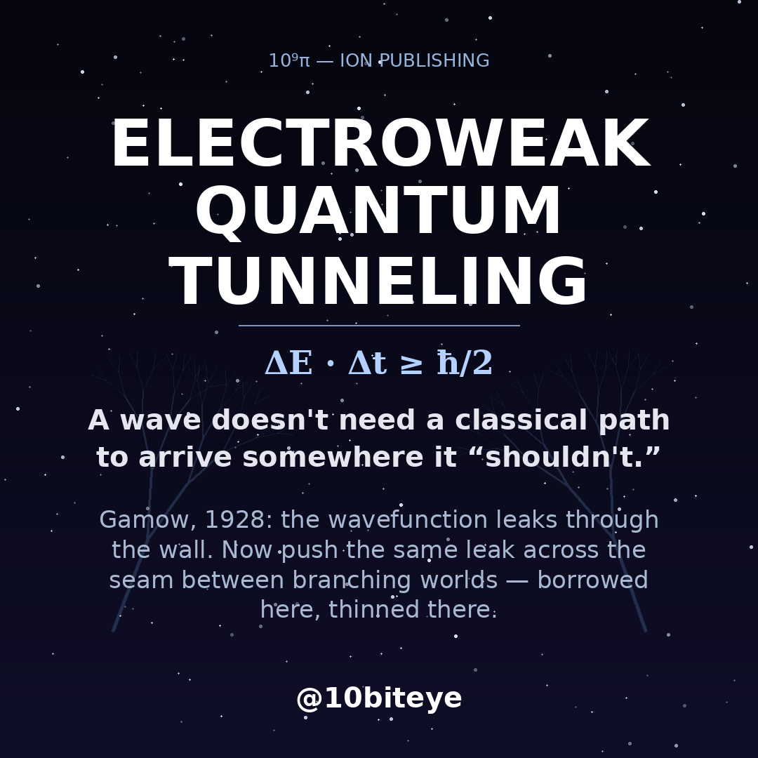 ALTMONEYFUND's tweet photo. Quantum coherence is the thread that shouldn't survive contact with a branching universe — yet it does, if you trust Everett's math. In the many-worlds picture, decoherence doesn't destroy superposition; it just hides the interference where you can't see it anymore. Every branch keeps its own internal coherence intact. The wavefunction never collapses — it spreads, and each thread of that spread carries forward a locally consistent, locally coherent world. You are not one observer watching one outcome. You are the coherent continuation of one branch among branches, unaware of the others because decoherence severs the phase relationships between them — not because they stopped existing.

Go back to where tunneling was born. Gamow, 1928: the alpha particle sits inside the nucleus, trapped by a wall it doesn't have the energy to climb — and it gets out anyway, because the wave doesn't stop at the wall. Schrödinger's wave doesn't ask permission from classical energy conservation. It leaks. That's the whole discovery: the wave function extends into the forbidden region and comes out the other side, no additional energy paid in.

Now take that 1920s picture and put it next to a branching universe. Electroweak quantum tunneling — the idea, speculative and outside anything textbook physics claims — of a wave leaking not through a nuclear wall but across the gap between nearby branches, borrowing from one and surfacing concentrated in another. Old wave mechanics already told us a particle doesn't need a classical path to arrive somewhere it "shouldn't." The dare is asking whether the wall it leaks through could be the seam between worlds instead of the wall of a nucleus.

Walk far enough into the dark and the question stops being "how did it get through" and starts being "which world did it come from."

#unitarity #manyworlds #quantumtunneling #decoherence #10biteye