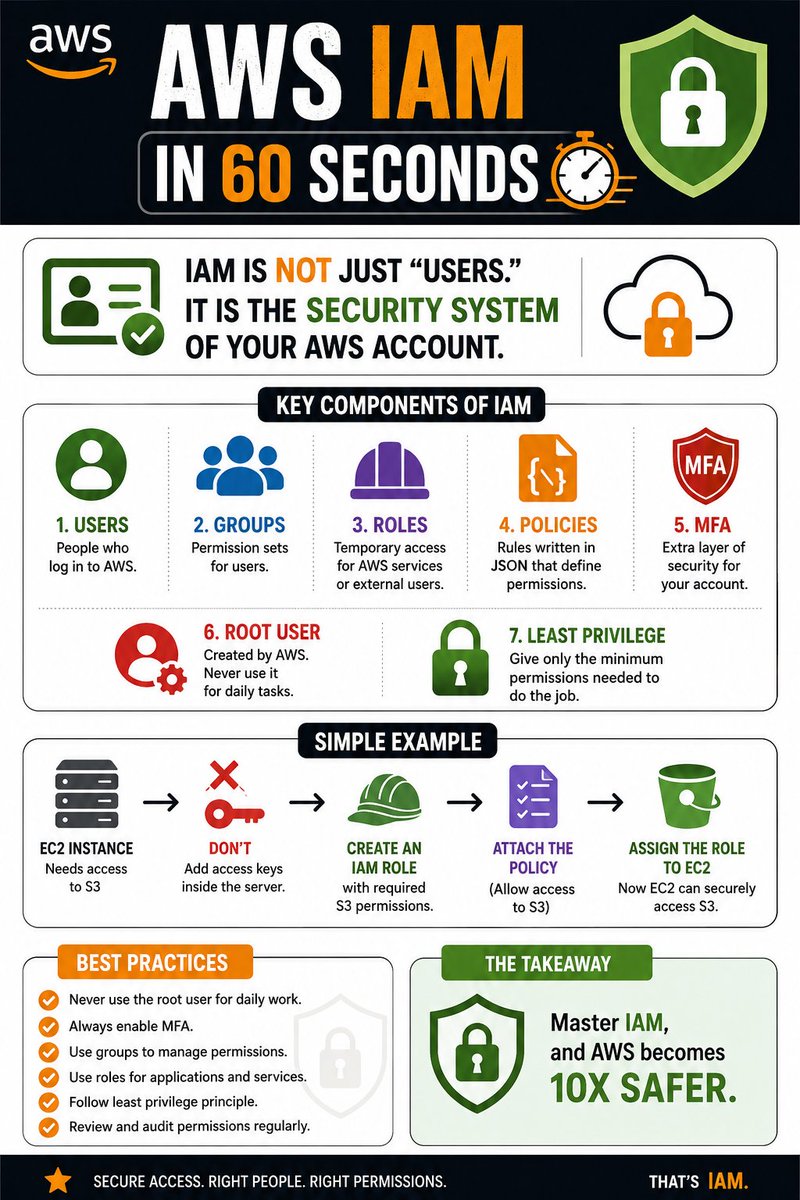 yourclouddude's tweet photo. AWS IAM in 60 seconds:

IAM is not just “users.”

It is the security system of your AWS account.

• Users → people who log in
• Groups → permission sets for users
• Roles → temporary access for services
• Policies → rules written in JSON
• MFA → extra login protection
• Root user → never use daily
• Least privilege → give only needed access

Simple example:

EC2 needs to access S3?

Don’t add keys inside the server.

Create an IAM Role
attach S3 permissions
and assign it to EC2.

That’s how real AWS security works.

Master IAM
and AWS becomes 10x safer.
