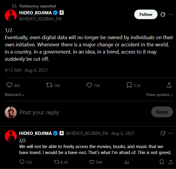 beebomgaming's tweet photo. Hideo Kojima predicted the end of physical media 5 years ago

"We will not be able to freely access the movies, books, and music that we have loved." https://t.co/tCSd3xlkgy