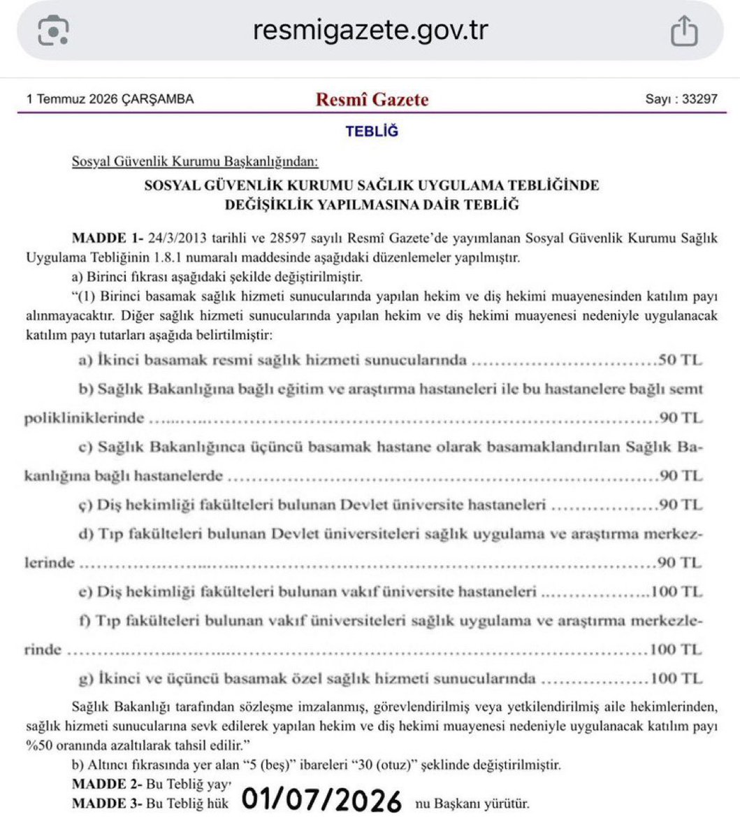 DahiliyeDoktoru's tweet photo. SGK, hastane muayene katılım paylarında artışa gitti.

• Devlet hastanelerinde katılım payı 26 TL’den 50 TL’ye,
• Üniversite ve eğitim araştırma hastanelerinde 26 TL’den 90 TL’ye,
• Özel hastanelerde ise 60 TL’den 100 TL’ye yükseltildi. https://t.co/9FcMfFEca4