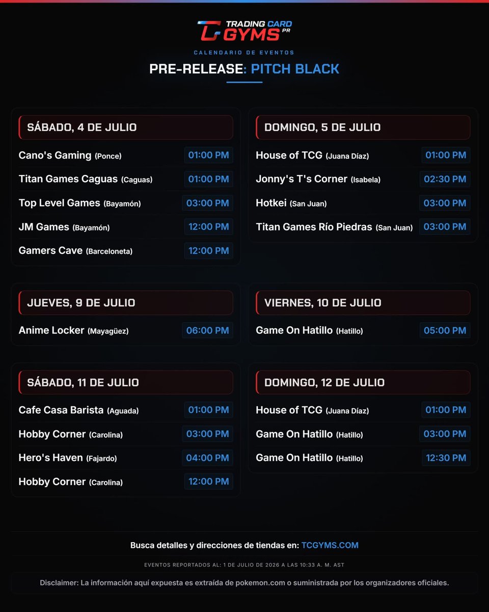 Niterfx's tweet photo. Fechas de los eventos de Pre-Release en Puerto Rico de la nueva expansión de Pokémon actualizada con información reportada al 1 de Julio a las 10:00 AM según https://t.co/toPdbZKZjU https://t.co/Tilae8BI6J