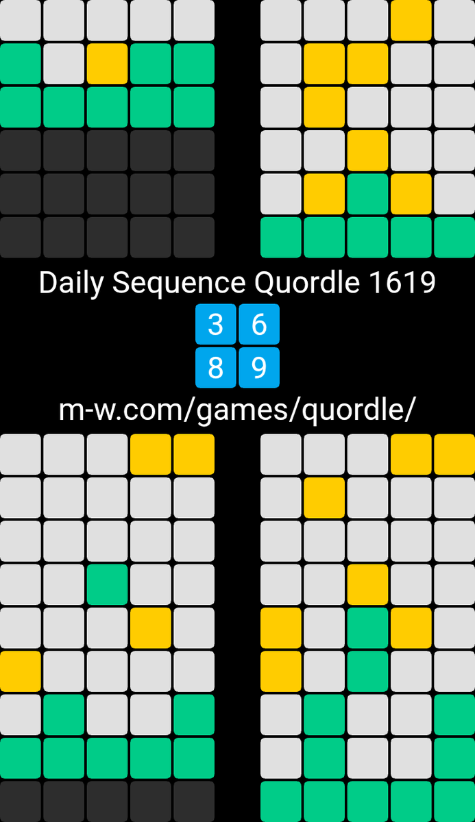 gregsaunders70's tweet photo. Daily Sequence Quordle 1619
3️⃣6️⃣
8️⃣9️⃣
https://t.co/YjZFRiqbwv https://t.co/FN1YLbyoQn