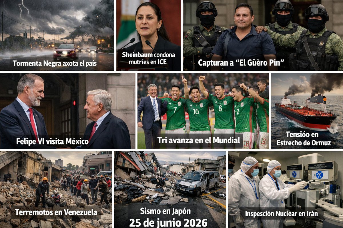 noticnacinter's tweet photo. Hoy,25/jun/26,🇲🇽enfrenta fuertes noticias nacionales como la captura de un líder criminal en Sinaloa,el avance del Tren Saltillo–Nuevo Laredo y el triunfo histórico de la Selección 🇲🇽 en el Mundial;mientras que a nivel internacional destacan los devastadores terremotos en 🇻🇪 y 🇯🇵 https://t.co/trdmPIc09u