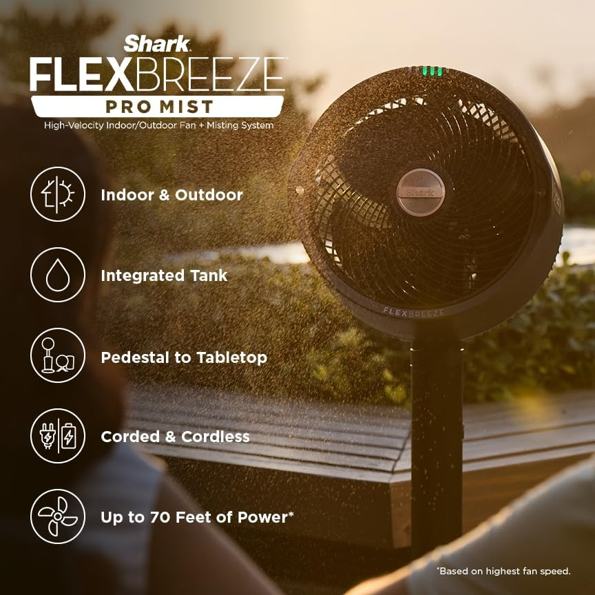 stufflistings's tweet photo. A cordless misting fan that lowers the temperature around it by up to 12 degrees.

Fill it with water and ice, up to 24 hours of misting at low speed.

Can switch between floor and tabletop.

The Shark FlexBreeze Pro Mist Fan... https://t.co/nNmYGslN5w