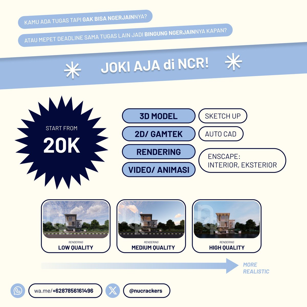 nucrackers's tweet photo. [ Open Joki Arsitektur ]  
3D model sketchup, gamtek/ autocad, render, &amp; video animasi walkthrough. harga mahasiswa friendly kok! langsung gas DM/ WA  ke ⤵️ 
📞: https://t.co/bmrouEezZY 

#zonauang #zonajajan #enscape #sketchup #autocad #jokitugas https://t.co/e5jDkMAO2R