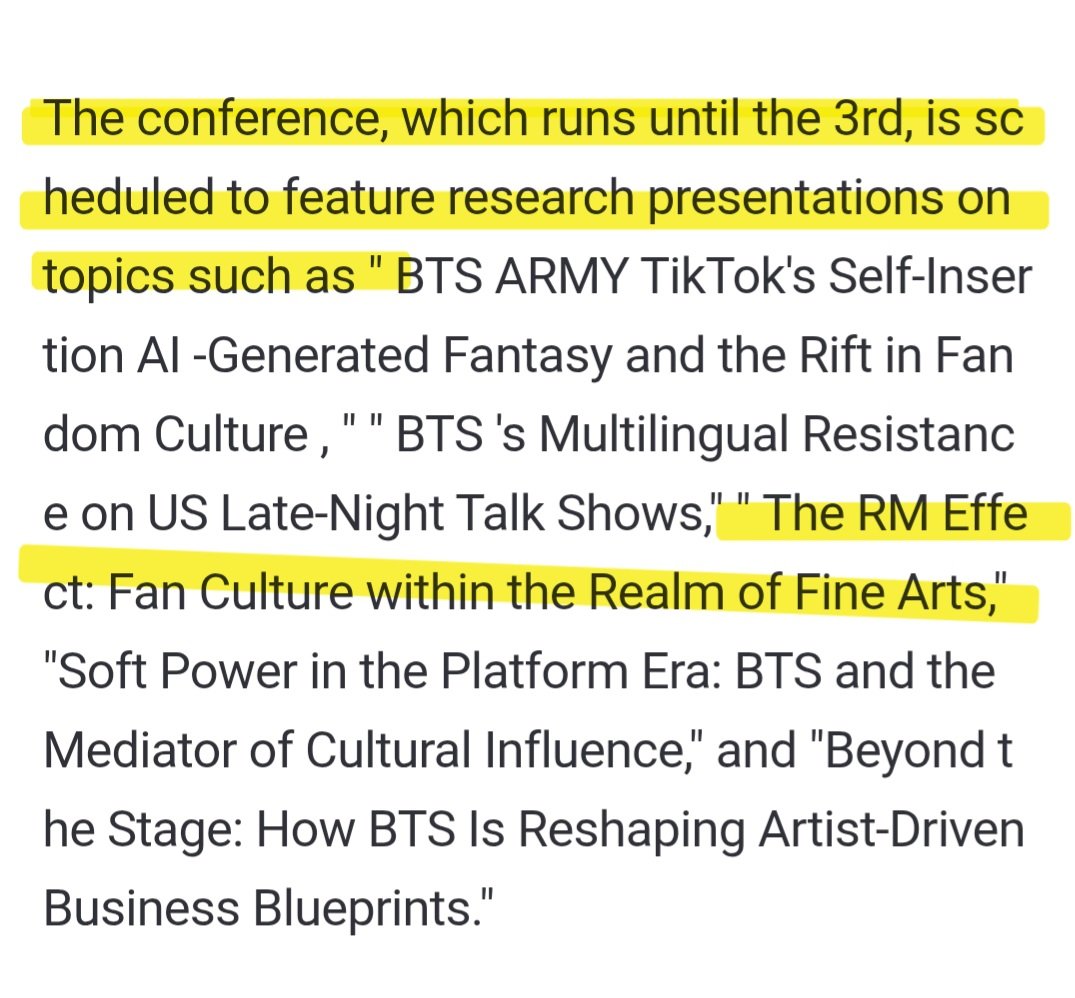 RMMoonchild101's tweet photo. #RMeffect
The 5th International BTS Conference, took place at Jeonbuk National University in South Korea.
The two-day event hosted 50 researchers from 10 countries including the US, Canada, Australia, and the Czech Republic to share academic insights under the theme "The Next-Generation Hallyu and BTS."
The conference featured diverse research presentations and one of them was specifically about "RM Effect in fine arts"
🔗https://t.co/ZtC4LJkf1K
#RM #방탄소년단RM #BTSRM #김남준 #Namjoon