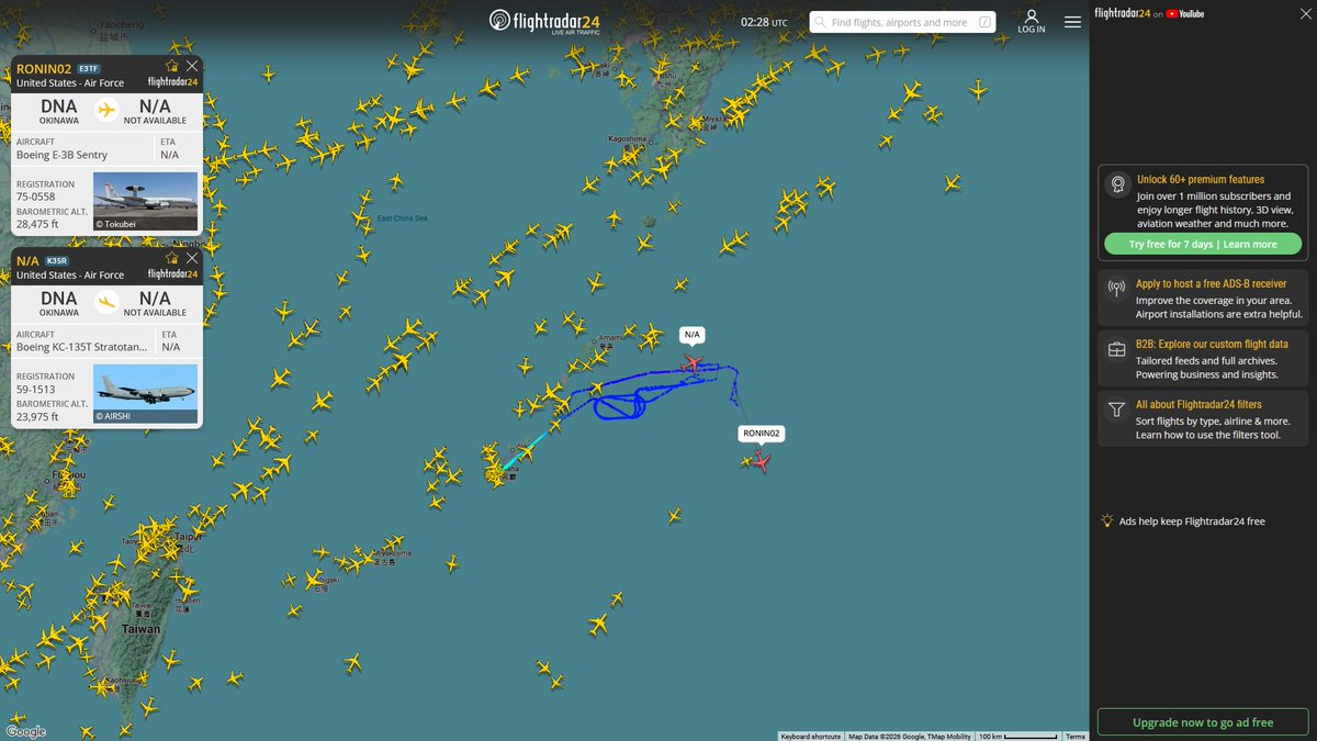 AIYeyENGDdJkjTr's tweet photo. July 2, 2026
#Okinawa Kadena Air Base ==> #Amami Islands
#NoCALLSIGN #AE0240 USAF KC-135T Stratotanker
#RONIN02 / #NoCALLSIGN #AE11D8 USAF E-3B Sentry https://t.co/nE77xt3HvJ