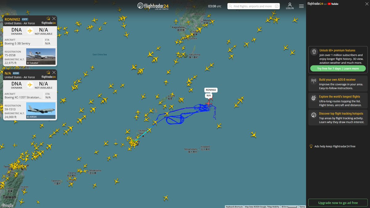 AIYeyENGDdJkjTr's tweet photo. July 2, 2026
#Okinawa Kadena Air Base ==> #Amami Islands
#NoCALLSIGN #AE0240 USAF KC-135T Stratotanker
#RONIN02 / #NoCALLSIGN #AE11D8 USAF E-3B Sentry https://t.co/nE77xt3HvJ