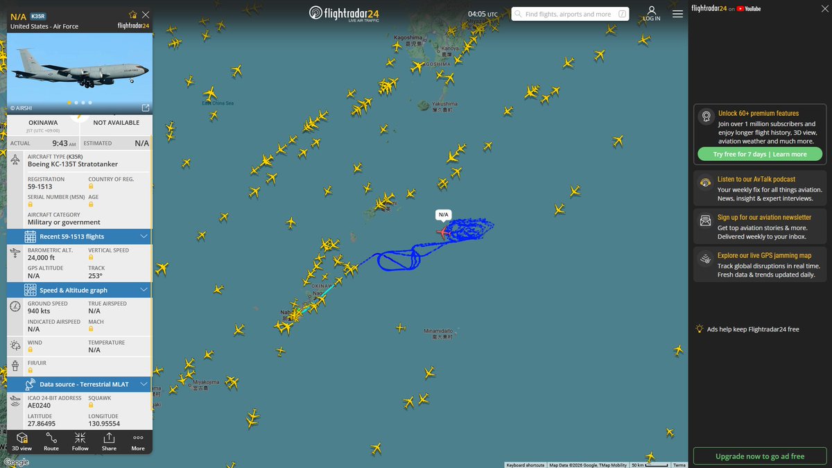 AIYeyENGDdJkjTr's tweet photo. July 2, 2026
#Okinawa Kadena Air Base ==> #Amami Islands
#NoCALLSIGN #AE0240 USAF KC-135T Stratotanker
#RONIN02 / #NoCALLSIGN #AE11D8 USAF E-3B Sentry https://t.co/nE77xt3HvJ