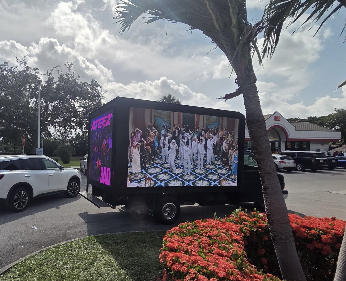 ATEEZofficial's tweet photo. [📢] BAD hit the streets last weekend🚚😈

📍NYC + Miami!
Did you catch the BAD video truck making rounds through the city?

It sped through, but we hope you caught it! BAD travels fast.

#ATEEZ #에이티즈
#GOLDENHOUR #GOLDENHOUR_Part5 #BAD #BADOnTheMove https://t.co/f4akOi1JQD