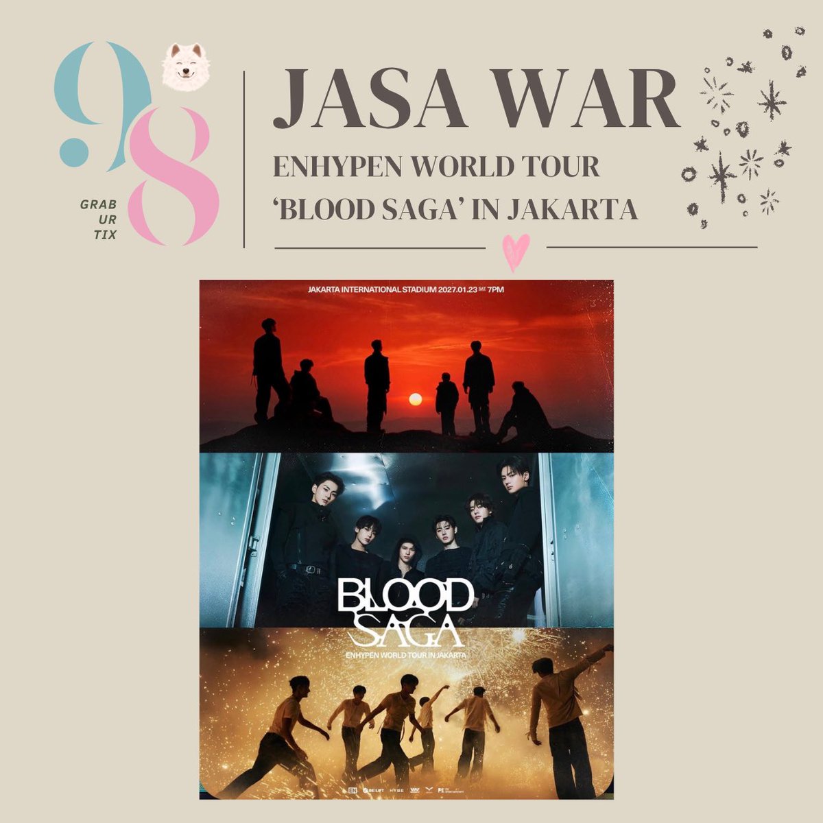 9RA8URTIX's tweet photo. 🎟️ OPEN JASA WAR TIKET 🎟️
ENHYPEN WORLD TOUR

the only blood we want is blood saga, not darah tinggi pas lihat queue 😭☝🏻 

let us handle the ticket war !
💸 fee starts from 200k–400k, no dp required, self payment, and fee charged after secured. dm now to book your slot! 🤍 https://t.co/Kwej2R5lEk
