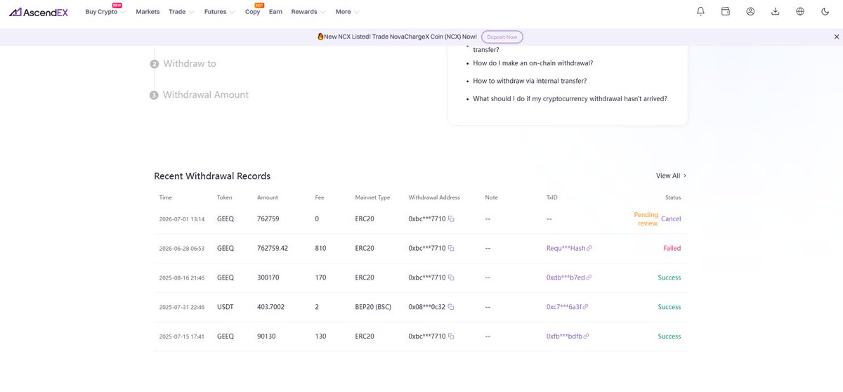 AJ_lto's tweet photo. @GeeqOfficial I encountered a problem withdrawing funds from Ascendex. Ascendex has always been a trading platform that partners with GEEQ, and I think you have an obligation to urge them to approve and send the tokens as soon as possible. https://t.co/YWOjeUynoD