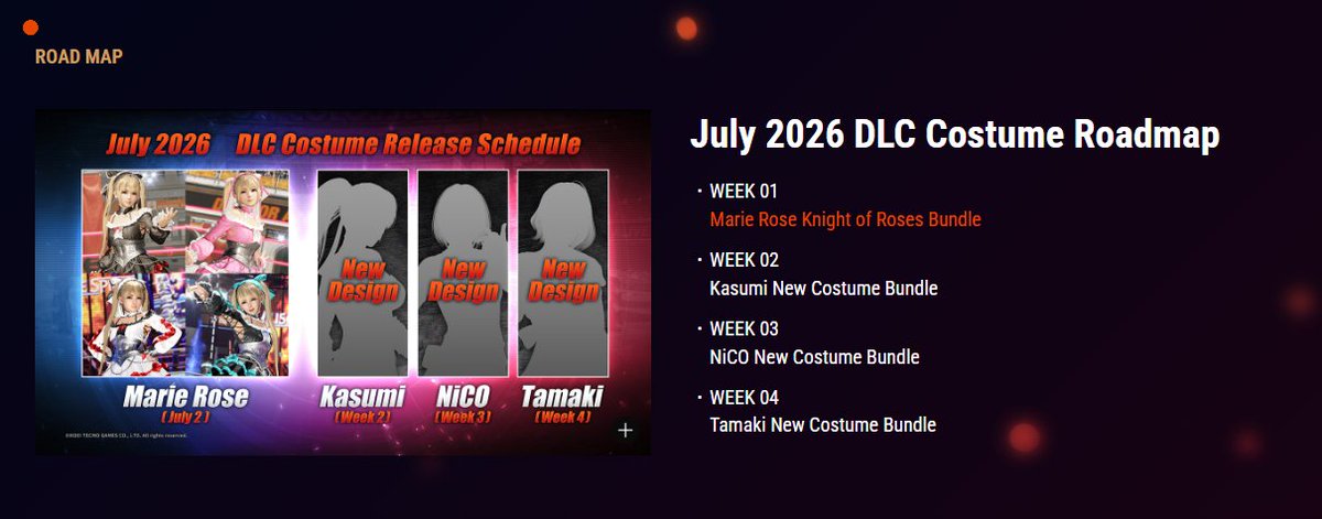dailydoatec's tweet photo. a new update has been released for DOA6LR (Ver.1.01) fixing various bugs and issues.
DOA6LR website also unveiled the july 2026 dlc costume roadmap.
marie rose knight of roses bundle is available now ($20.99/20.99€ for the full bundle, $7.99/7.99€ per costume) https://t.co/whUx9Q2e9M