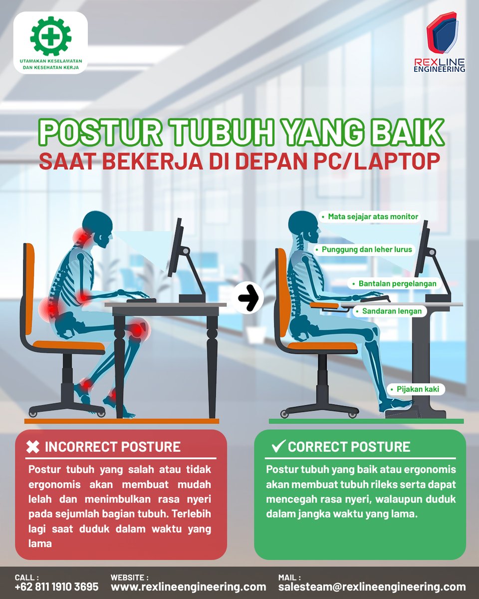 RexlineI's tweet photo. Duduk Benar, Kerja Lebih Nyaman dan Produktif!
Postur tubuh yang kurang ergonomis saat bekerja di depan PC atau laptop dapat menyebabkan nyeri pada leher, bahu, punggung, pergelangan tangan, hingga kaki. Jika dibiarkan, kondisi ini dapat menurunkan produktivitas kerja. https://t.co/3PMufOHn3n