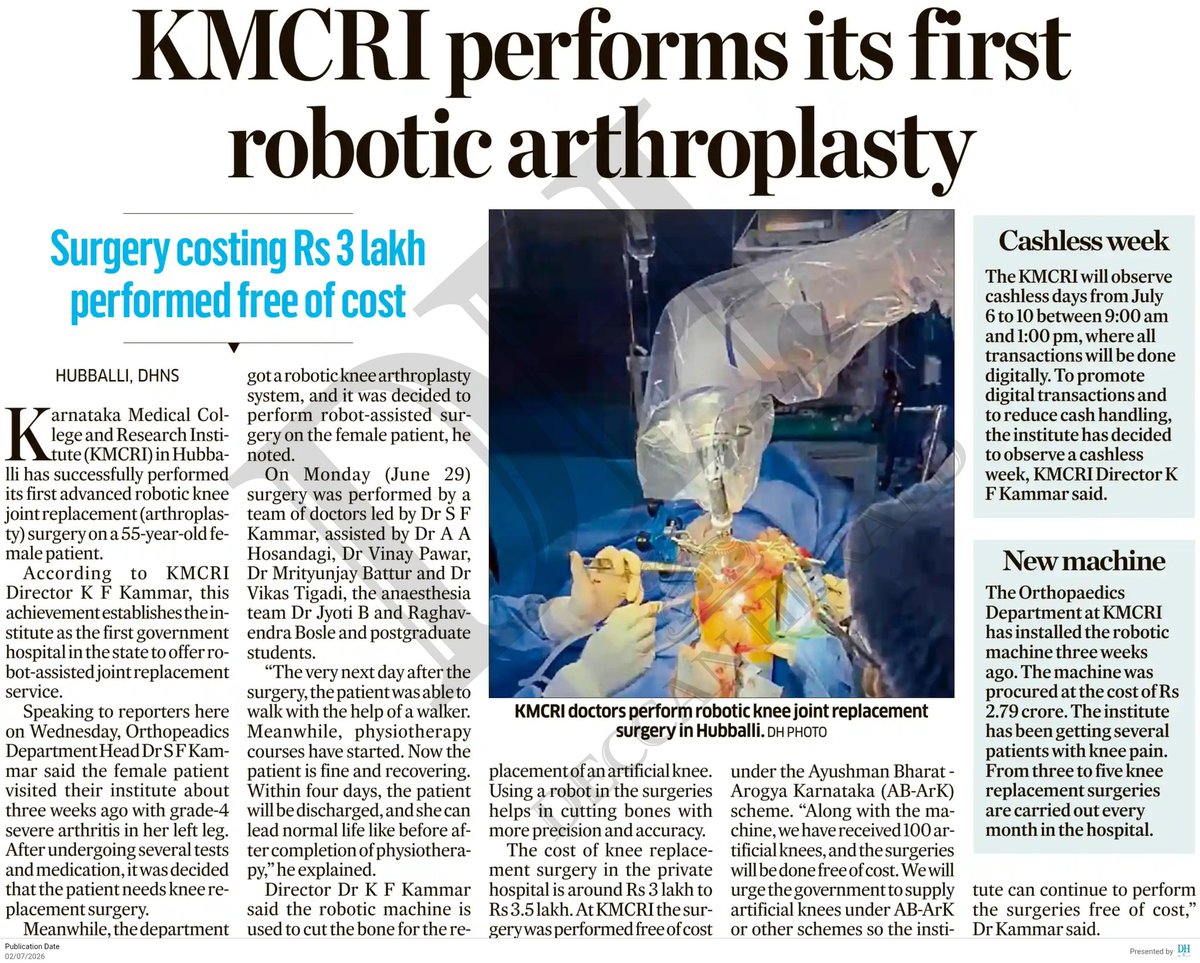 arunkbh's tweet photo. #Hubballi
#KMCRI performs it's first robotic knee replacement surgery. With this, KMCRI becomes first government hospital in state to offer robot-assisted joint replacement service
@DeccanHerald @anithapailoor @HubliCityeGroup @Hubballi_Infra @hublimandi @DHFWKA @S_PrakashPatil https://t.co/ygWj7iNhyG