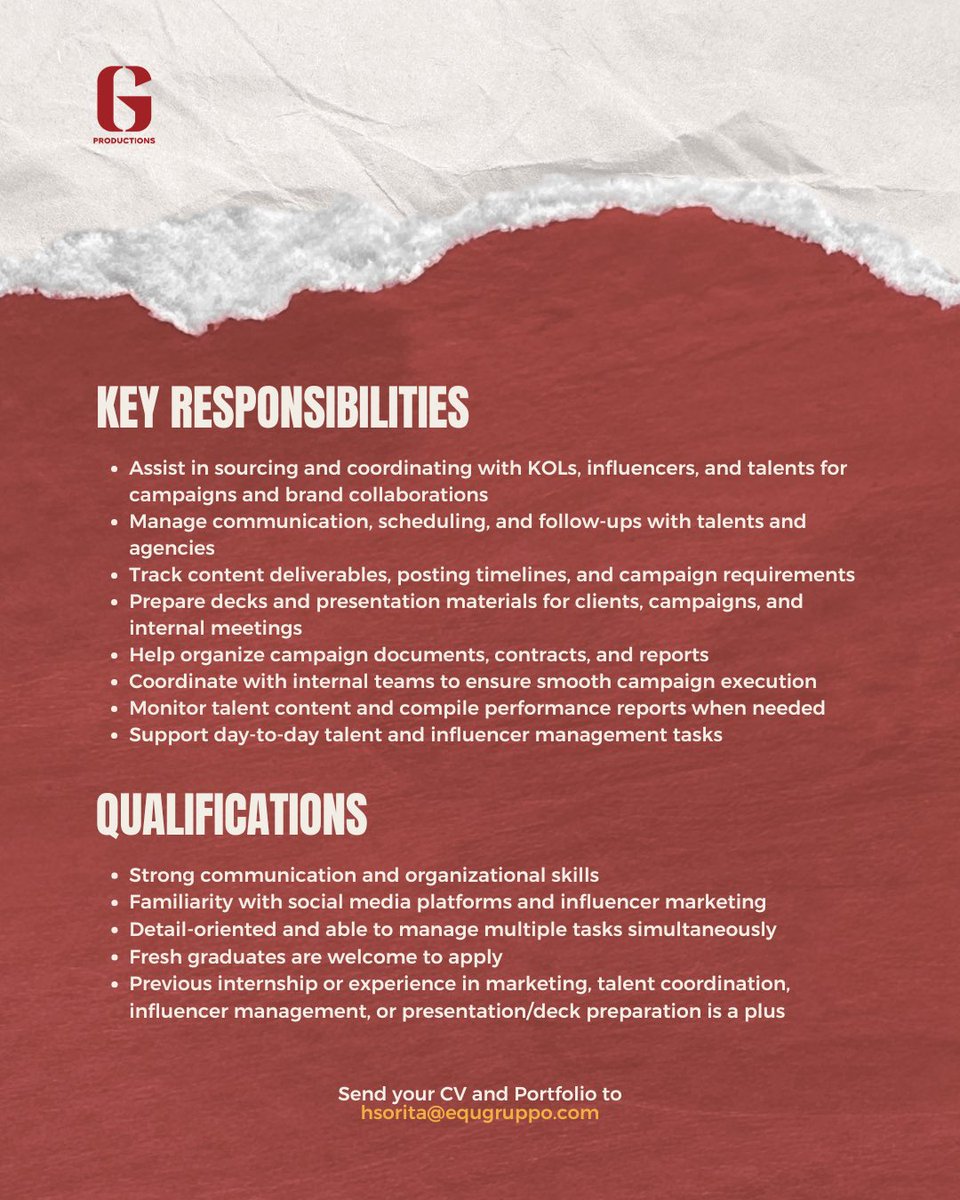 gproductionsph's tweet photo. We’re on the lookout for our next KOL/Talent Coordinator. 

If you’re organized, proactive, and excited to work with creators, brands, and talents, we’d love to meet you.

Send your CV/portfolio to hsorita@equgrupppo.com https://t.co/knalsa1dWo