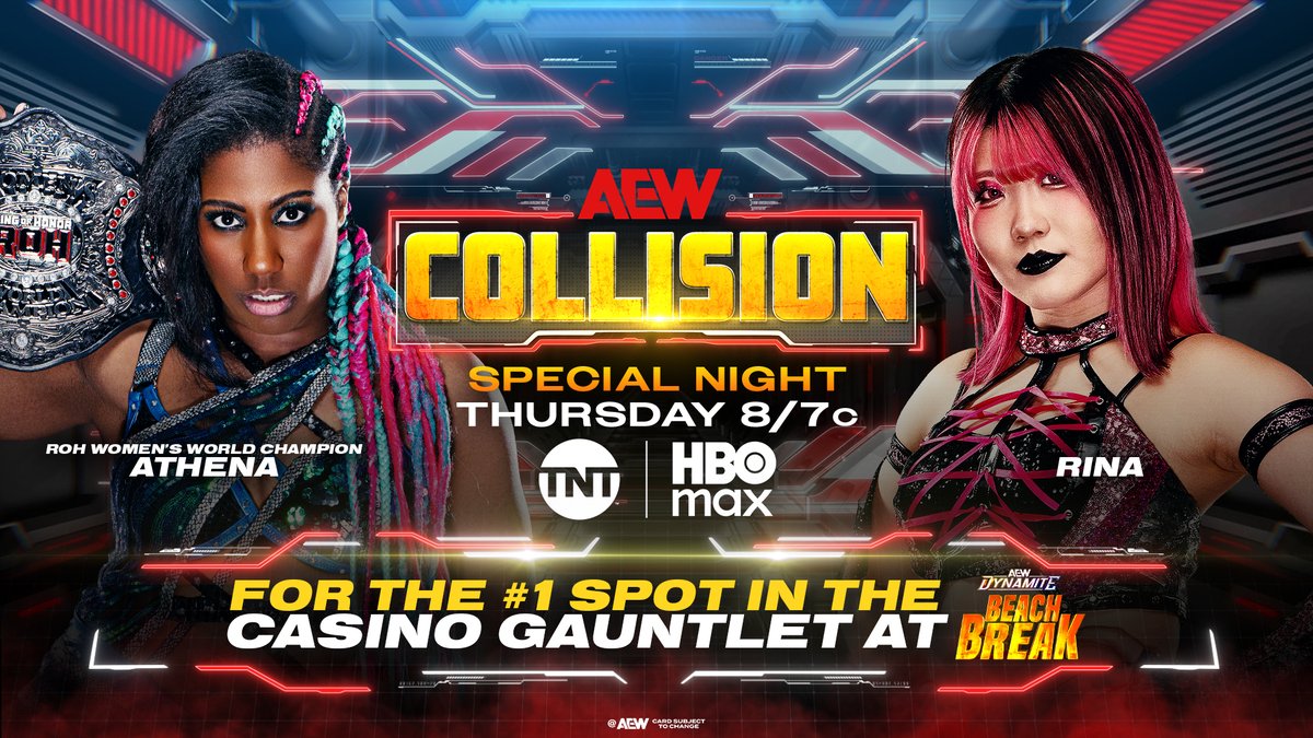 AEW_jp's tweet photo. 明日は #AEWCollision 2時間半スペシャル

#AEWDynamite ビーチブレイク
カジノ・ガントレット第1入場権争奪戦

アティーナ v 吏南

スターダムの吏南のAEWデビュー戦。
ROH女子世界王者アティーナと #AEWDynamite で行われるカジノ・ガントレット・マッチの第1入場権を懸けて激突します。 https://t.co/o9pLMi9t56
