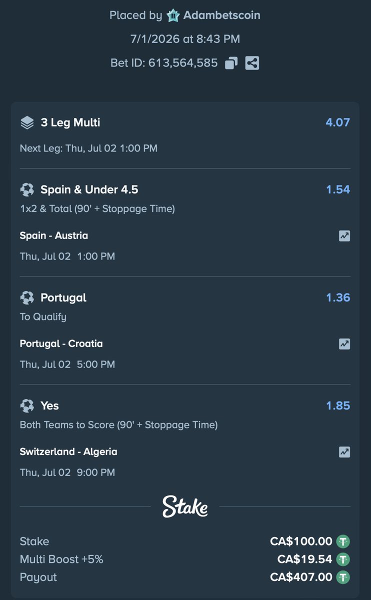 adambetscoin's tweet photo. Road to MetLife (Matchday 22)🏟️

Going for 3 in a row...

$40 to a lucky follower who Likes &amp; RT when this hits❤️

Record: 9-12

Tail with the link below👇

#WorldCup2026 #Spain #Portugal #Switzerland https://t.co/xWJiHjyvQF